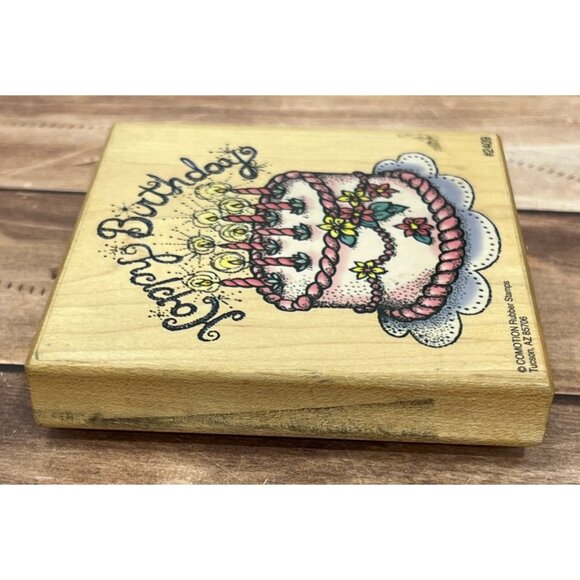 COMOTION # 2409 BIRTHDAY CAKE WOOD MOUNTED RUBBER STAMP - Picture 5 of 6